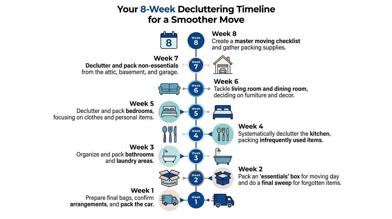 An eight-week decluttering timeline infographic designed to help simplify the process of moving into a new home.