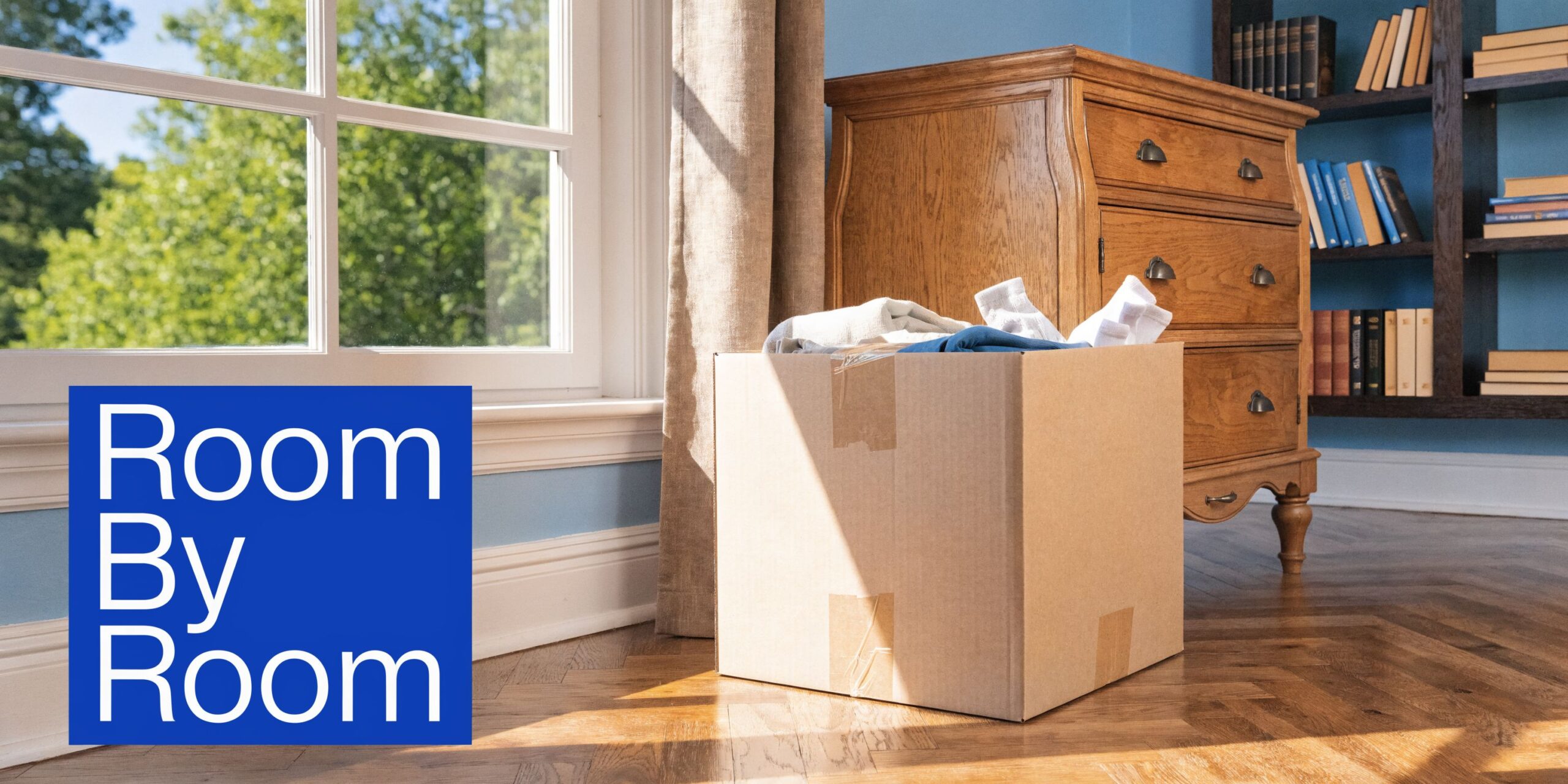A cardboard moving box filled with clothes sits on a wooden floor near a sunny window and dresser.