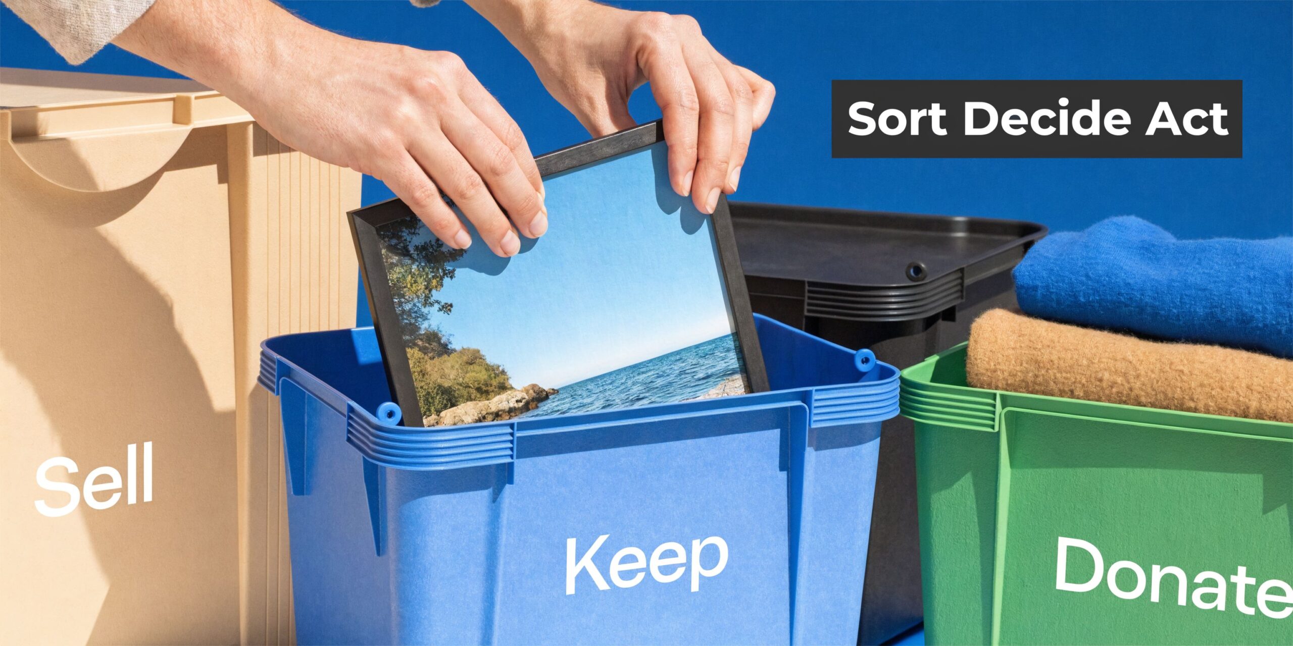 A person sorting items into labeled bins for selling, keeping, or donating while decluttering their home.