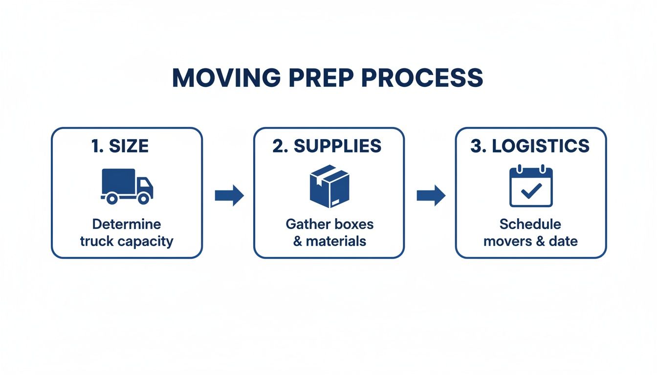 Infographic showing the moving prep process: determine truck size, gather supplies, and schedule movers.