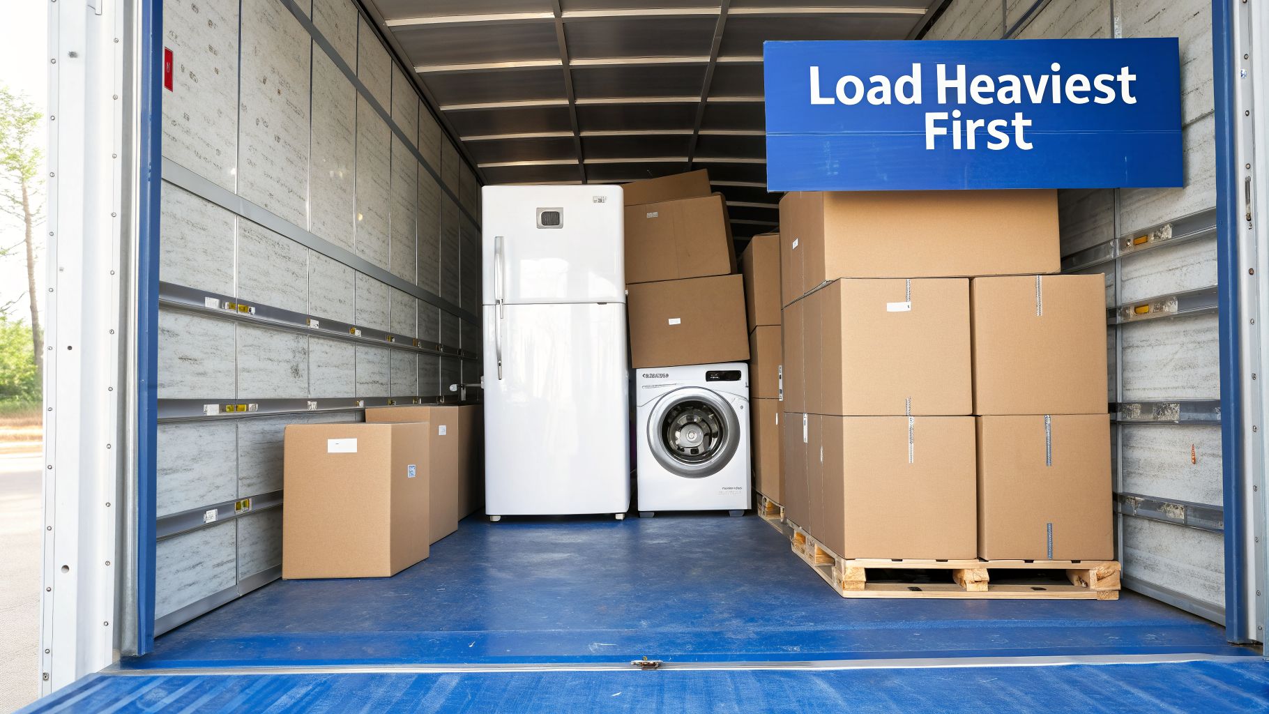 Inside a moving truck being loaded with a refrigerator, washing machine, and stacked cardboard boxes, with a sign "Load Heaviest First".