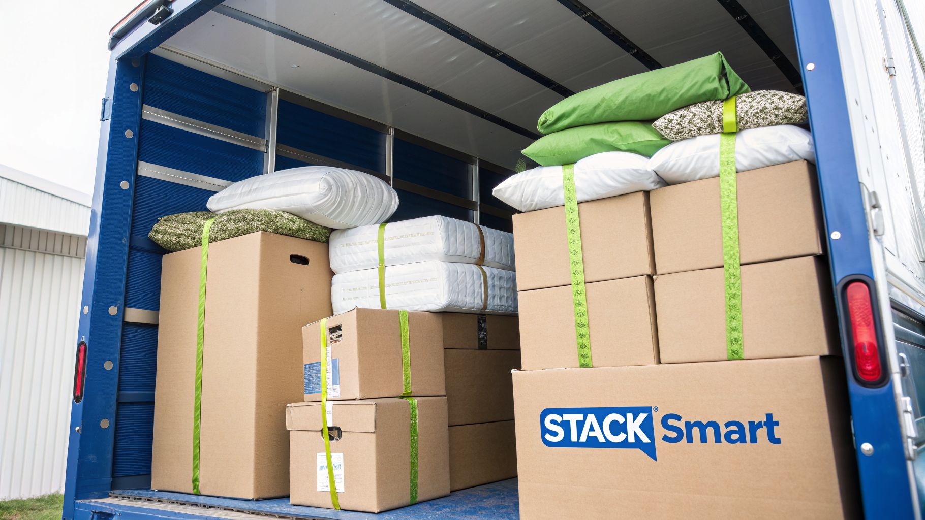 A moving truck filled with neatly stacked cardboard boxes, pillows, and cushions, secured with green straps.