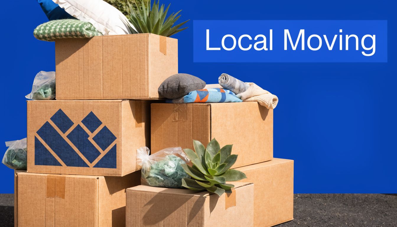 A stack of cardboard moving boxes with household items against a bright blue background.