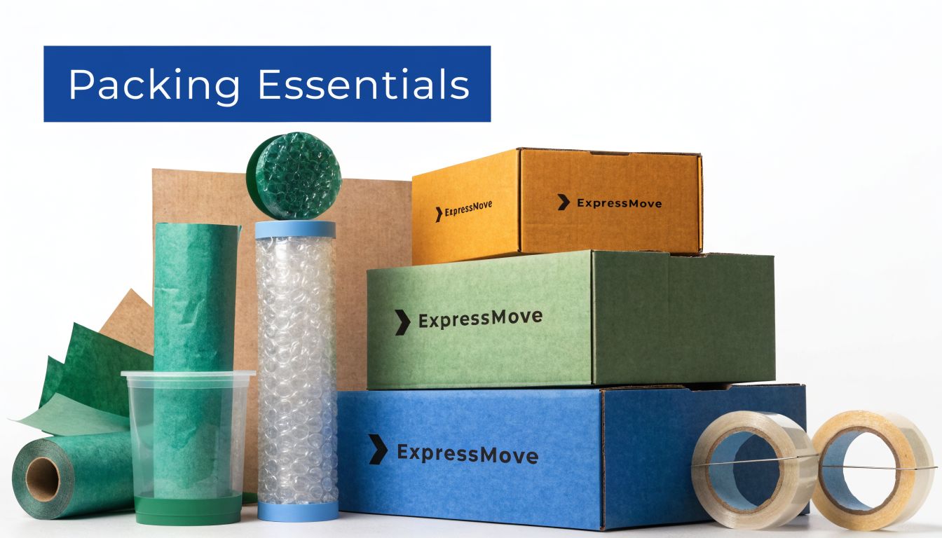 A collection of packing essentials including shipping boxes, bubble wrap, packing paper, and adhesive tape rolls.