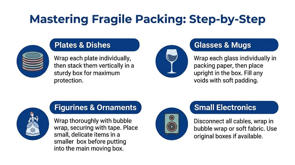 An instructional infographic detailing step-by-step methods for packing plates, glasses, figurines, and electronics for moving safely.