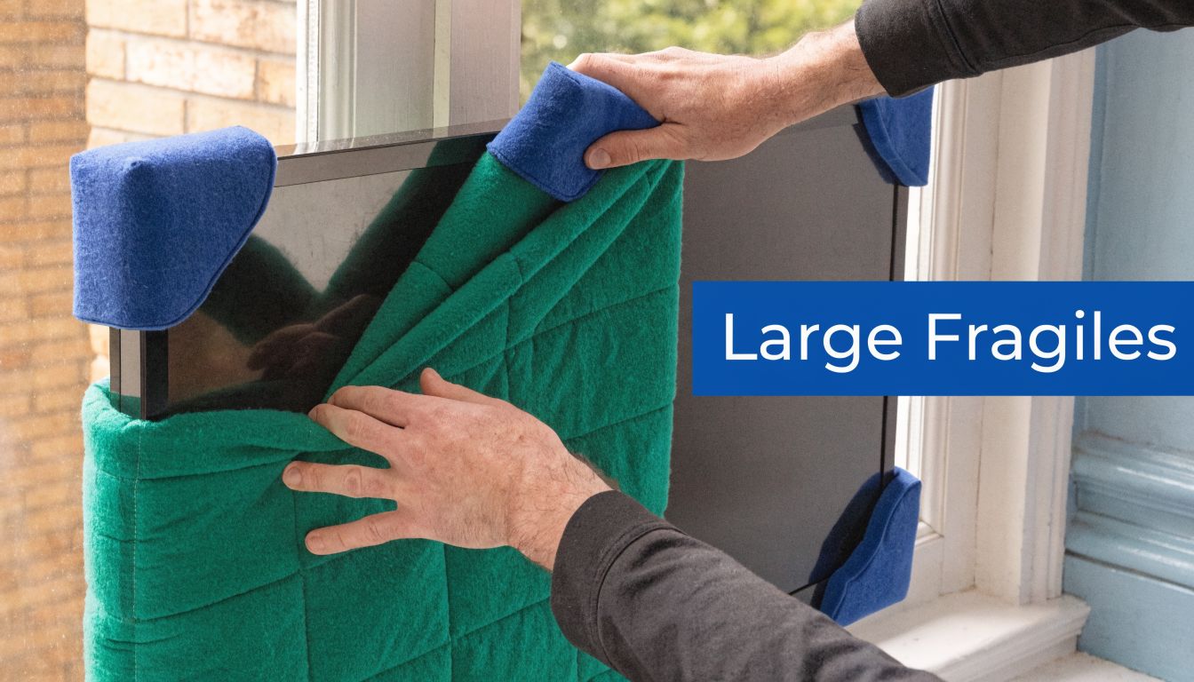 A person carefully wrapping a large television screen with a green protective quilted moving blanket.