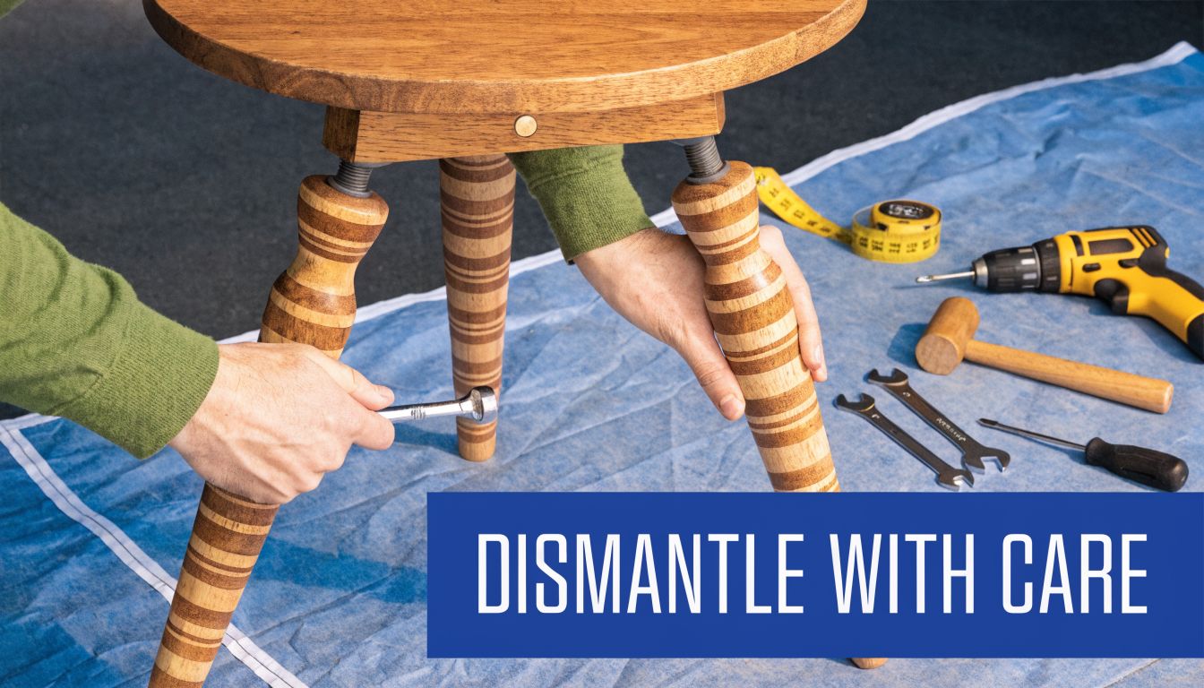 A person dismantling a wooden stool with tools on a blue protective cloth during furniture relocation preparation.