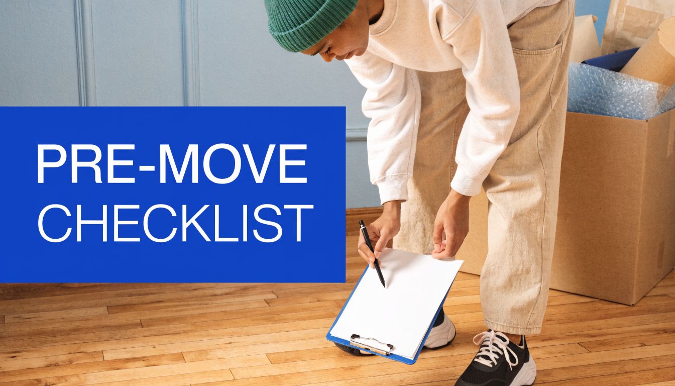 A person wearing a green beanie and beige clothing fills out a pre-move checklist on a clipboard.