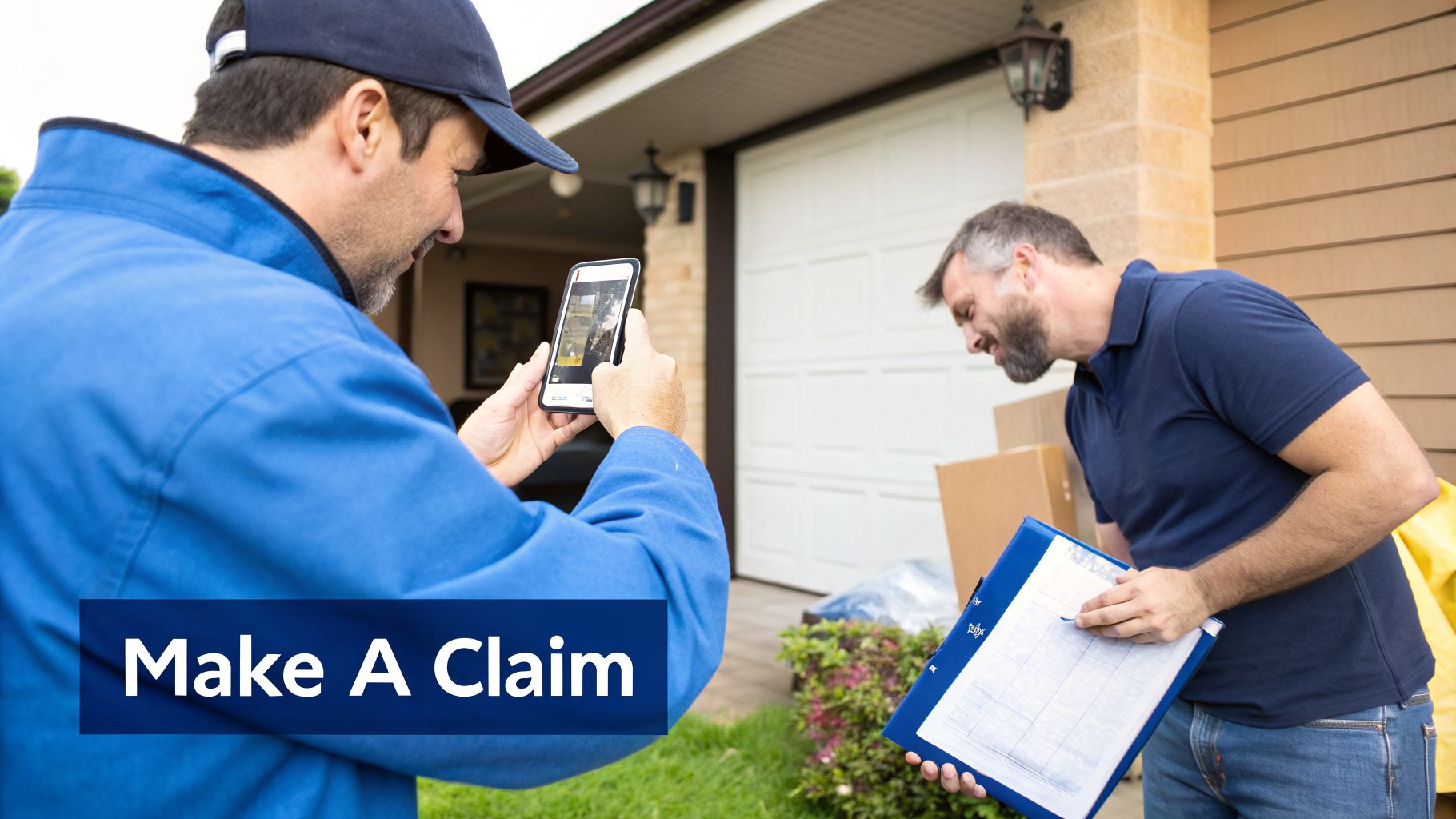 A man in a blue uniform photographs another man appearing injured while holding a clipboard near moving boxes, suggesting a claim.