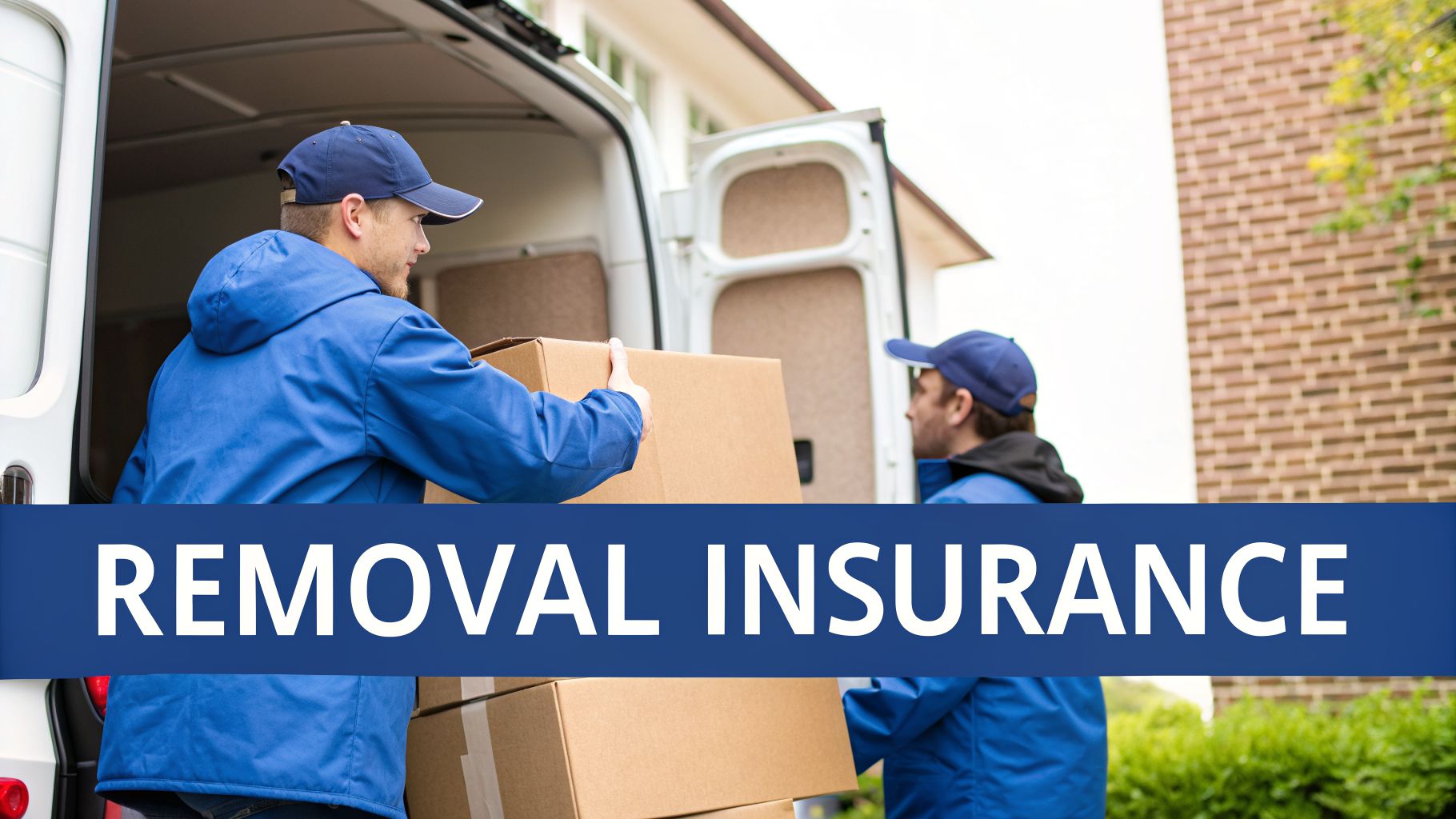 Two professional movers in blue uniforms loading cardboard boxes into the back of a white van.
