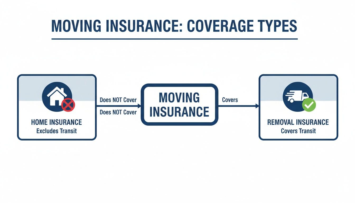 Flowchart showing moving insurance coverage types, where home insurance excludes transit, but moving and removal insurance covers it.