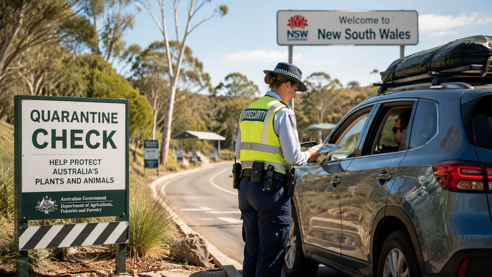 A biosecurity officer checking a driver at a quarantine checkpoint on the New South Wales border.