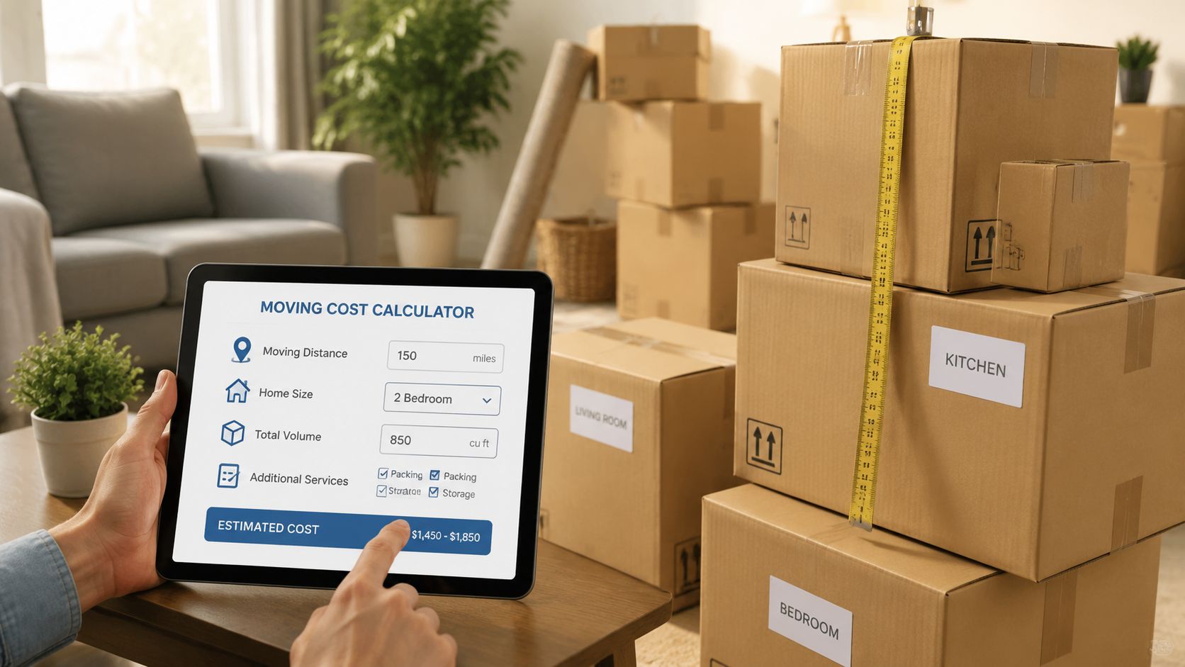 A person using a digital tablet to estimate moving costs amidst stacked cardboard boxes in a home.