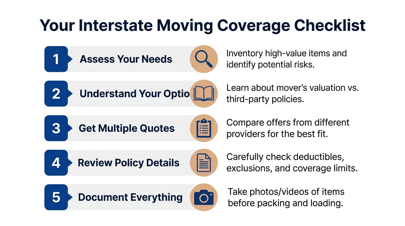 A checklist of five essential steps to follow when obtaining insurance coverage for an interstate move.