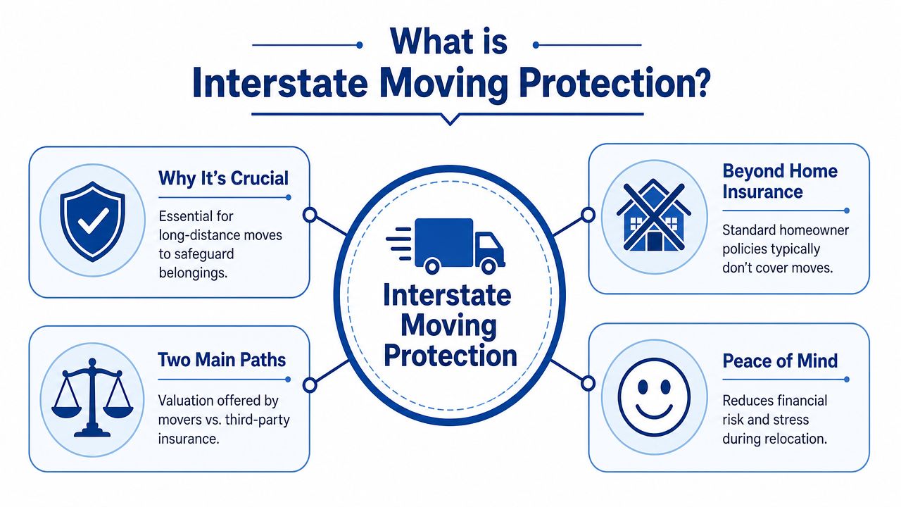 An infographic explaining interstate moving protection, covering its importance, insurance alternatives, and benefits for long-distance relocation.
