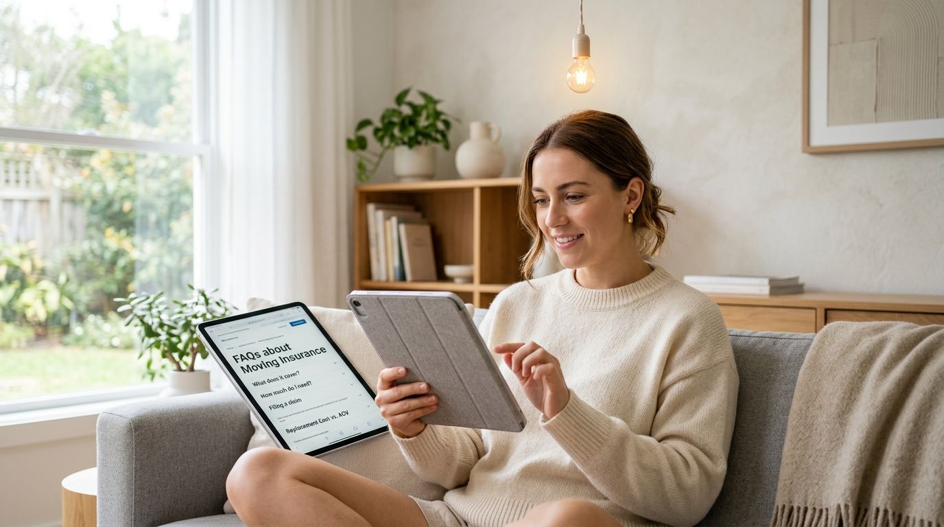 A smiling woman sitting on a sofa while researching moving insurance details on her digital tablet.