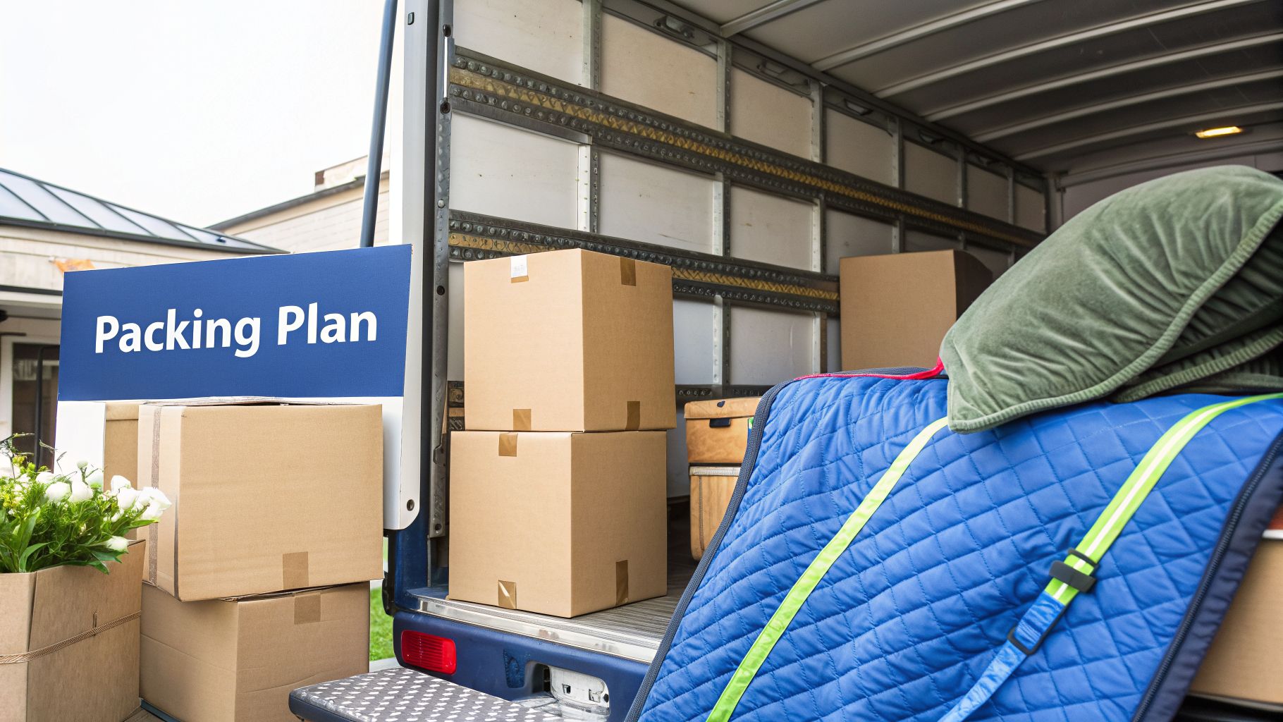 A moving truck's rear is open, revealing stacked cardboard boxes, a blue 'Packing Plan' sign, and furniture.
