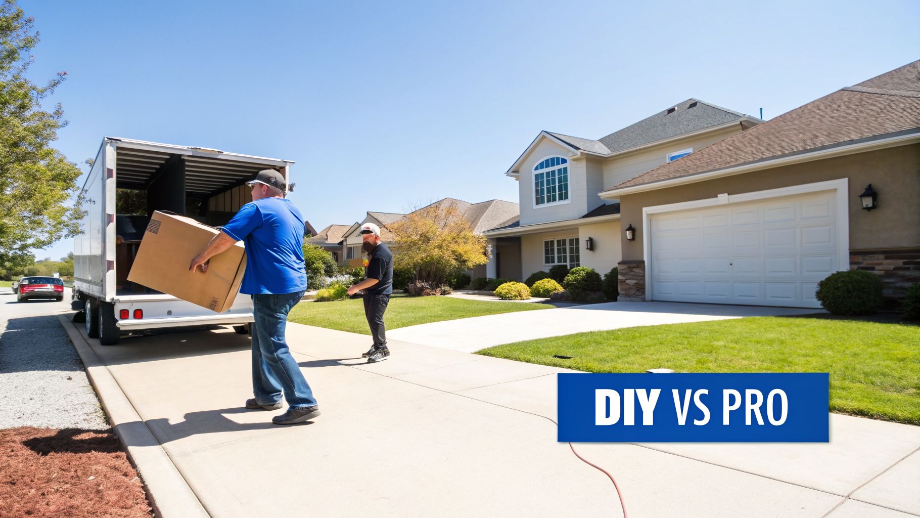 Two men unload moving boxes from a white truck into a suburban house, illustrating DIY vs Pro moving.