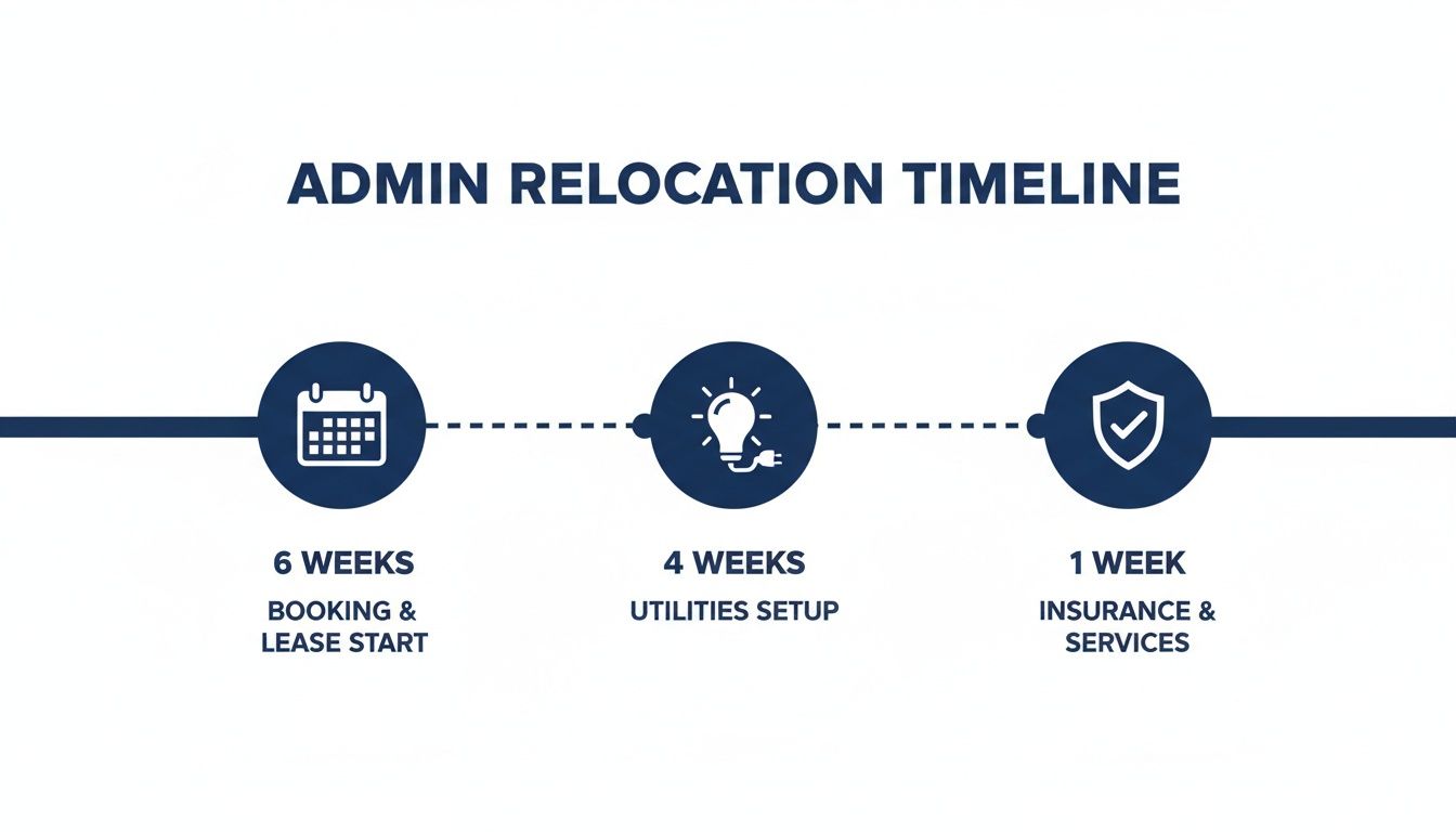 An administrative relocation timeline visually outlining three key steps: booking, utilities, and insurance.