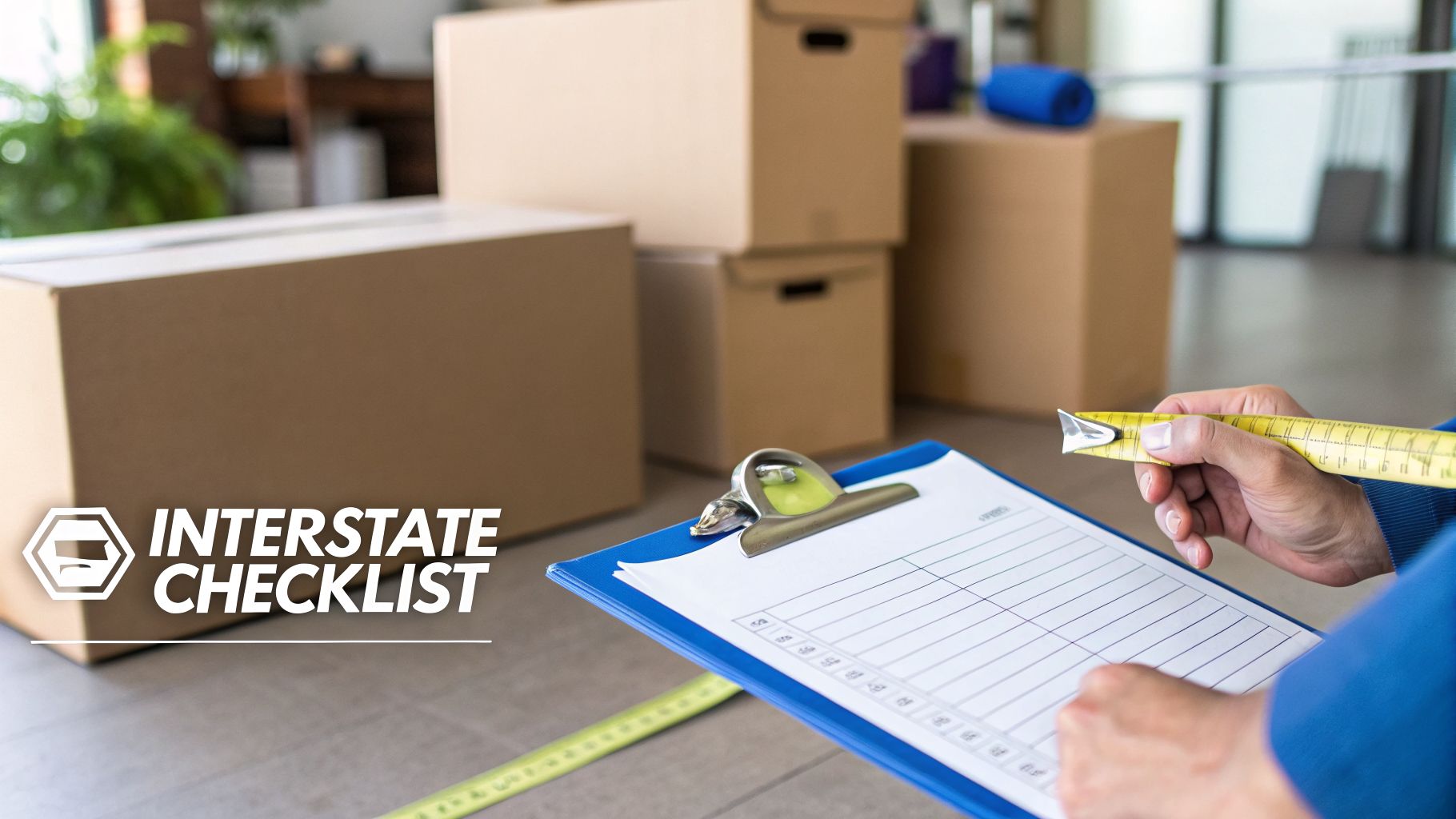 A person preparing for interstate removals, holding a measuring tape and a checklist clipboard near moving boxes.