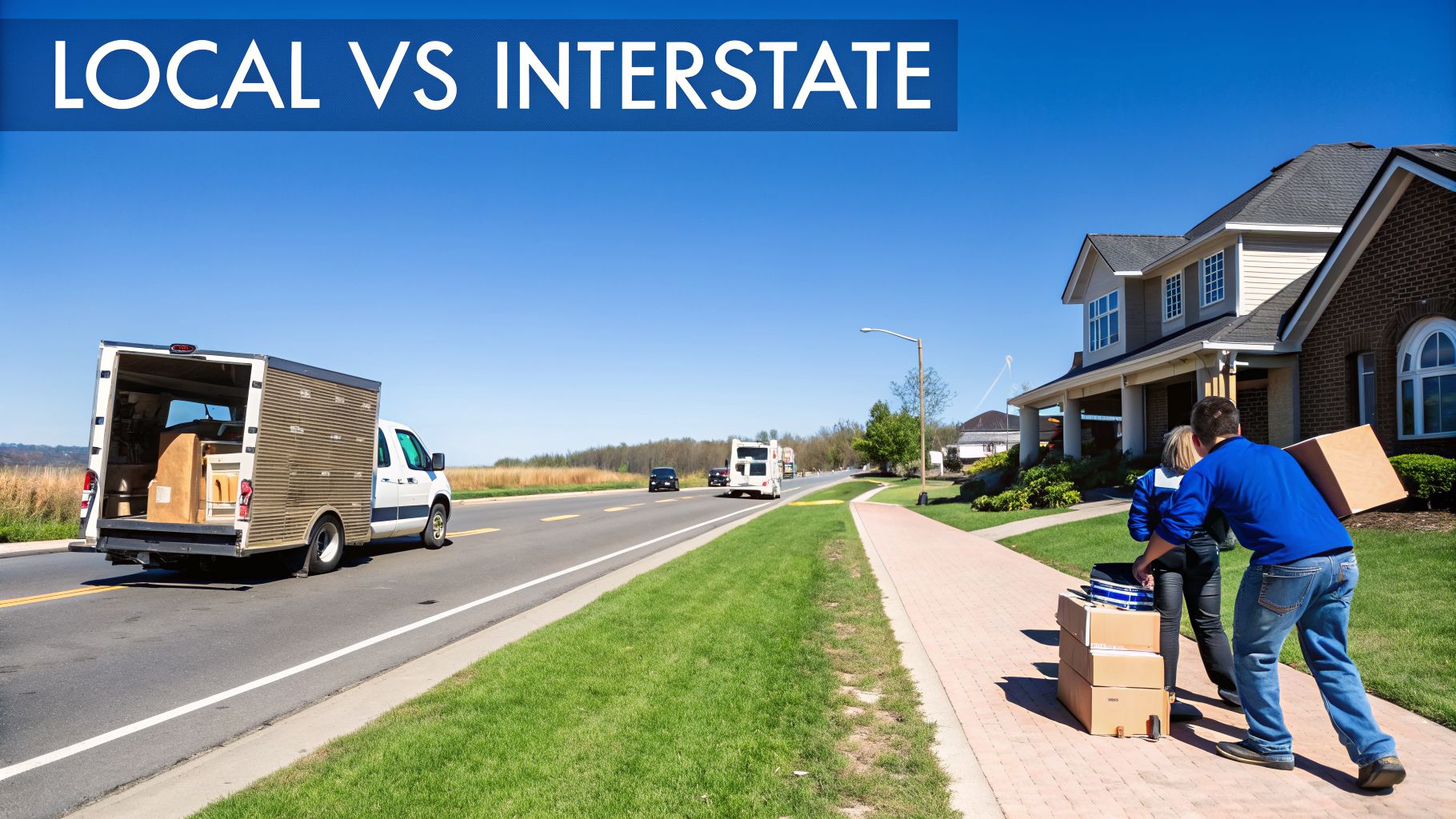 Two people moving cardboard boxes from a parked moving truck towards a house on a sunny day.