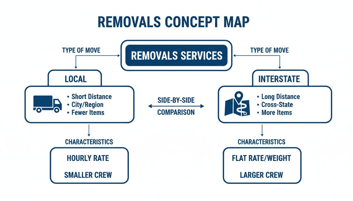 A concept map comparing local and interstate removal services, detailing characteristics, rates, and crew sizes.