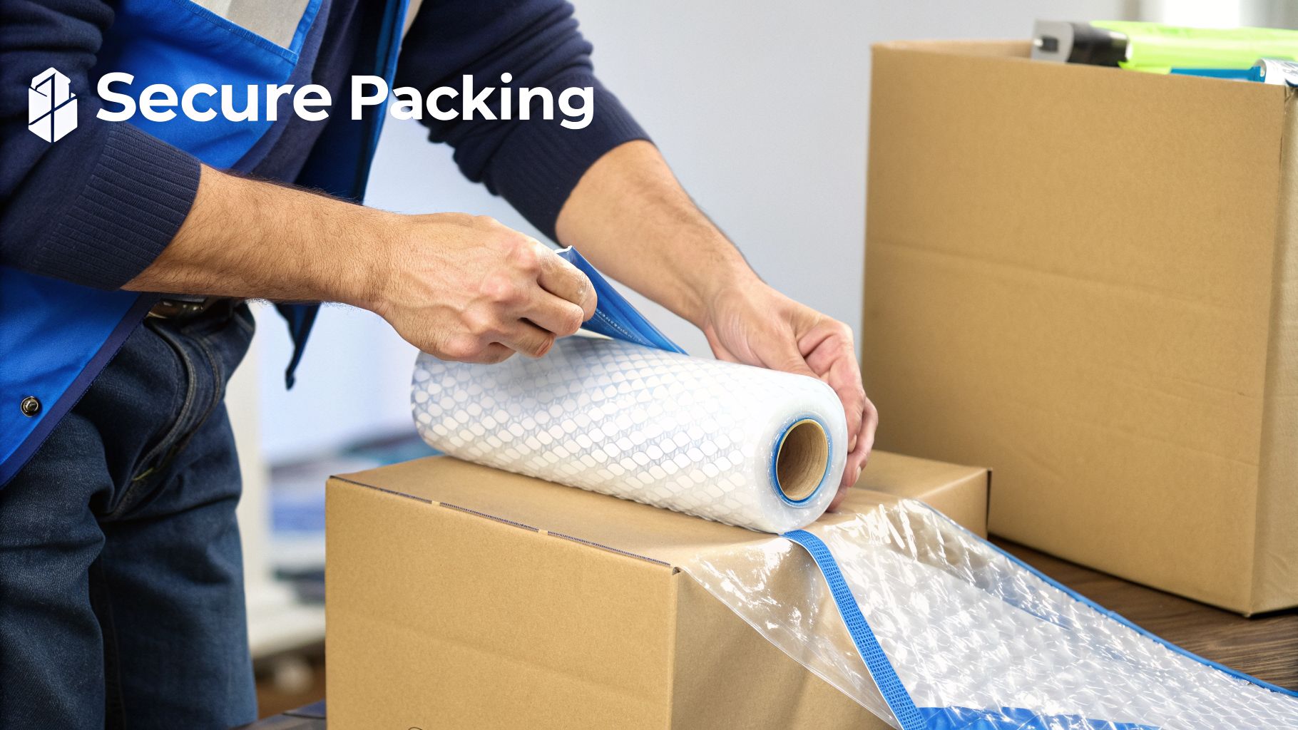 A person uses bubble wrap to securely package a cardboard box for shipping or moving.
