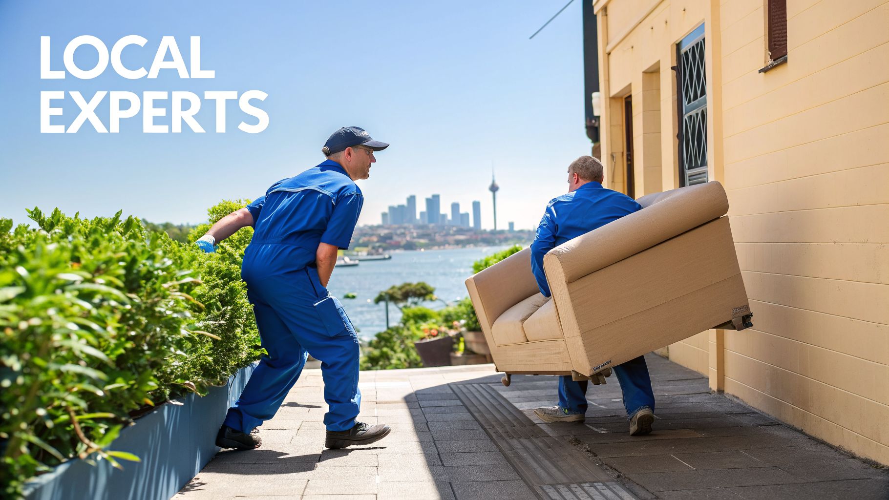 Local experts, two men in blue uniforms moving a sofa with a city skyline visible in the background.
