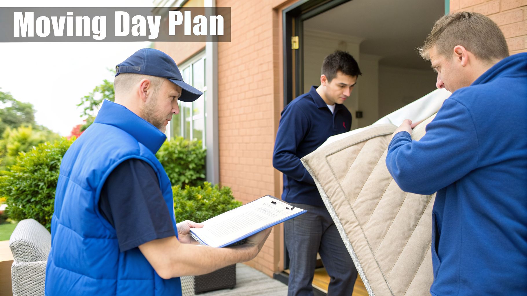 Three men, movers, carrying a mattress into a house while one checks a clipboard. Text: Moving Day Plan.