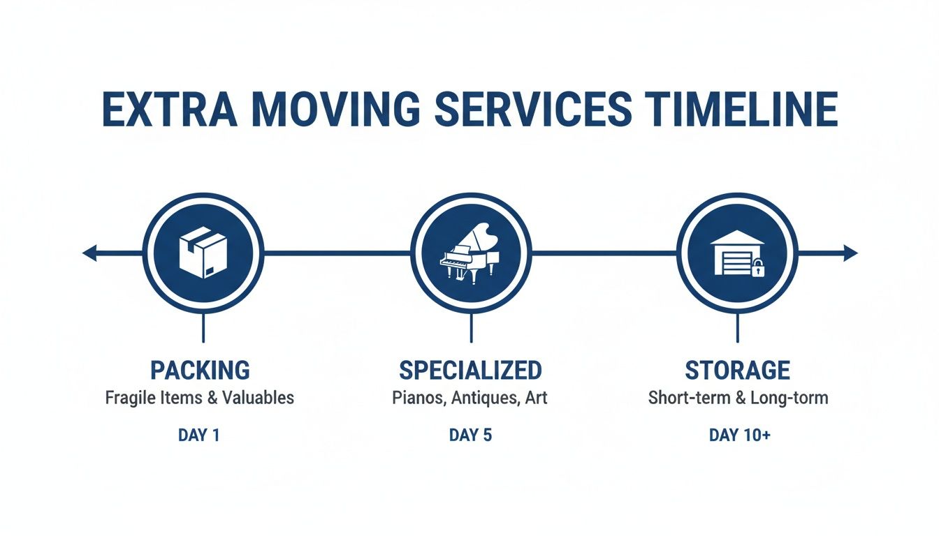 A moving services timeline showing packing, specialized item handling like pianos, and storage solutions.