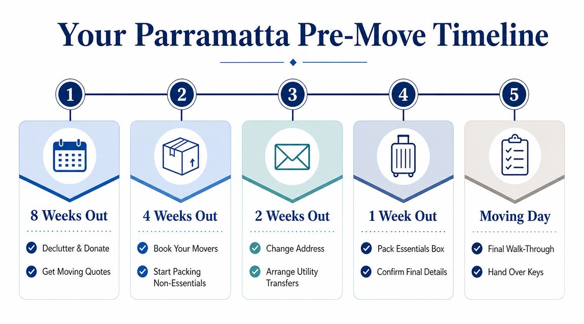A five-step checklist timeline for preparing to move house in Parramatta, organized by weeks before the move.