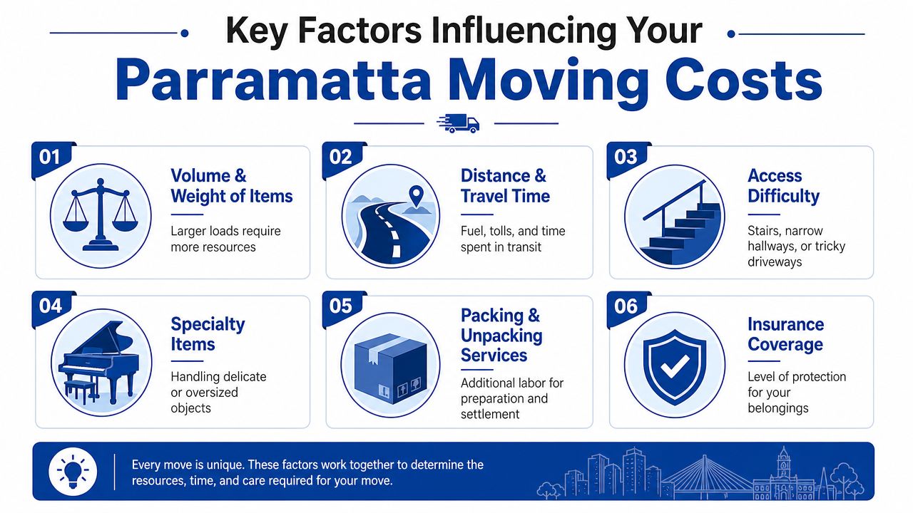 An infographic detailing the six primary factors that influence the cost of hiring movers in Parramatta.