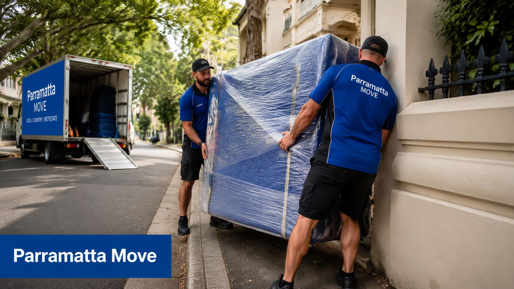Two professional movers in blue uniforms carry a large mattress wrapped in plastic near a moving truck.