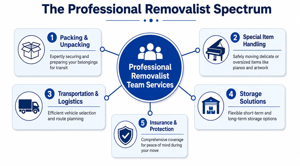 A diagram illustrating the professional removalist spectrum of moving services including packing, storage, and transport.
