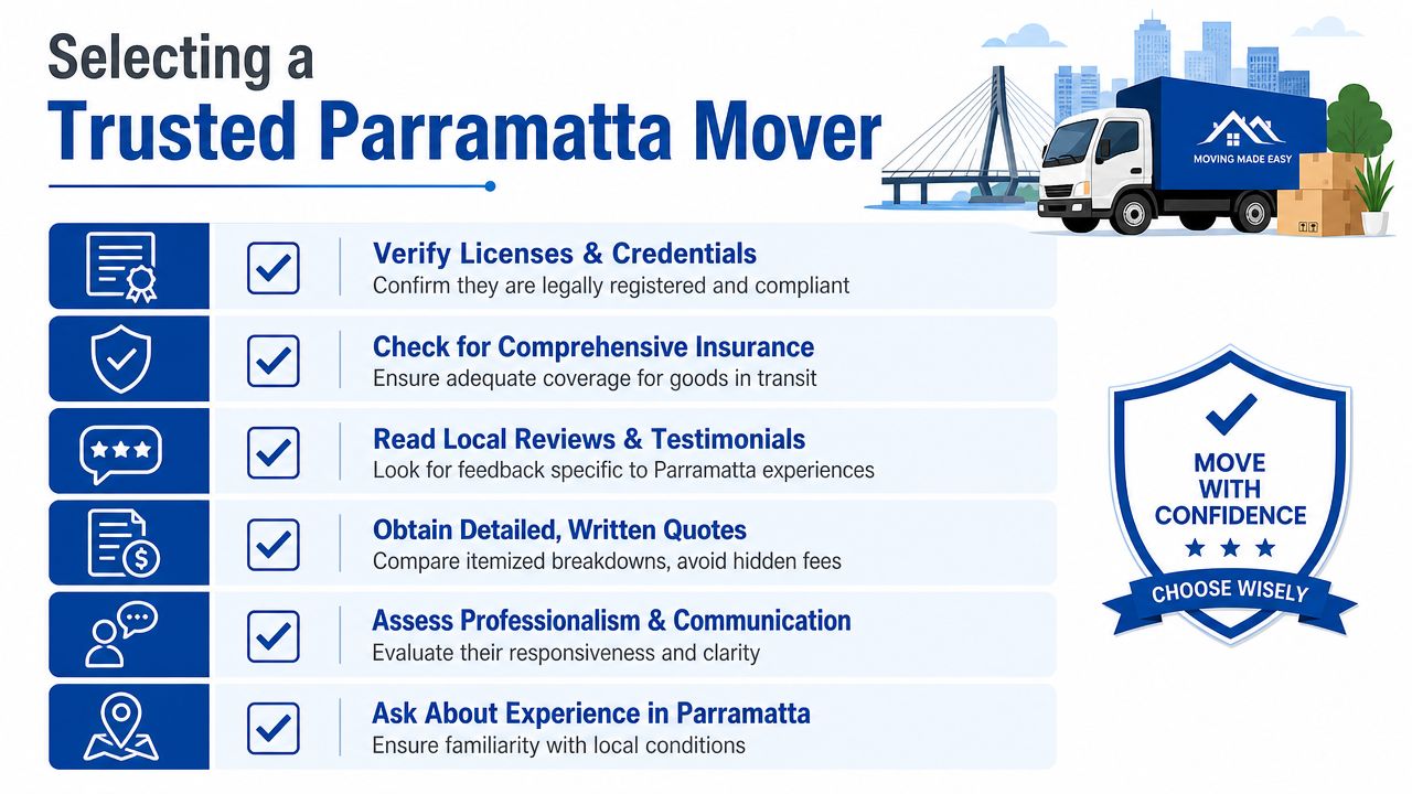 A helpful infographic guide outlining six essential tips for selecting a reliable and trusted professional moving company in Parramatta.