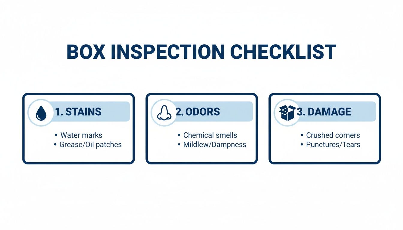 A box inspection checklist detailing common issues like stains, odors, and physical damage to packaging.