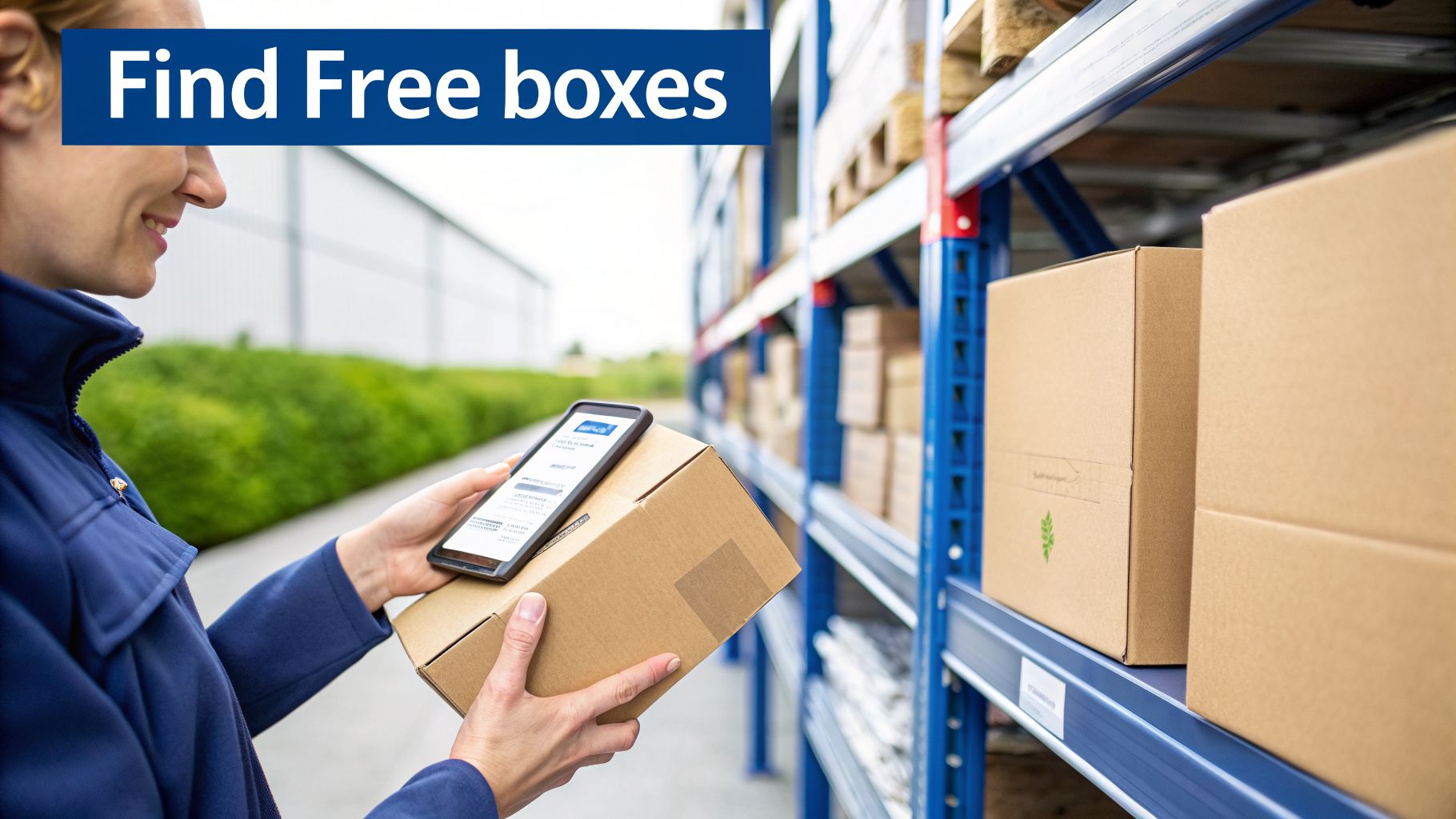 A smiling woman in a blue jacket uses her phone to scan a cardboard box in a warehouse with shelves of boxes.