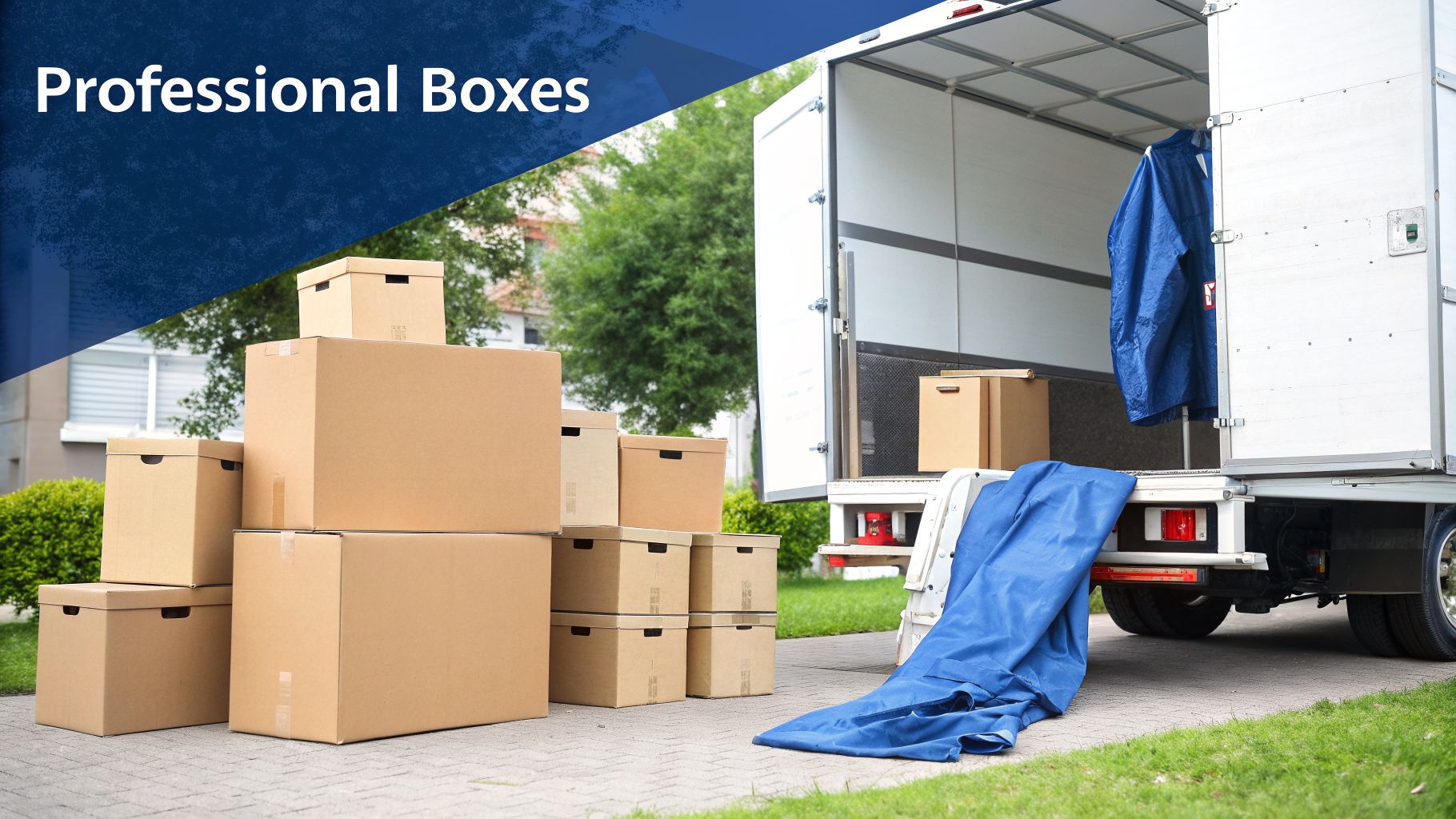 A large stack of professional cardboard boxes ready for moving next to an open truck.