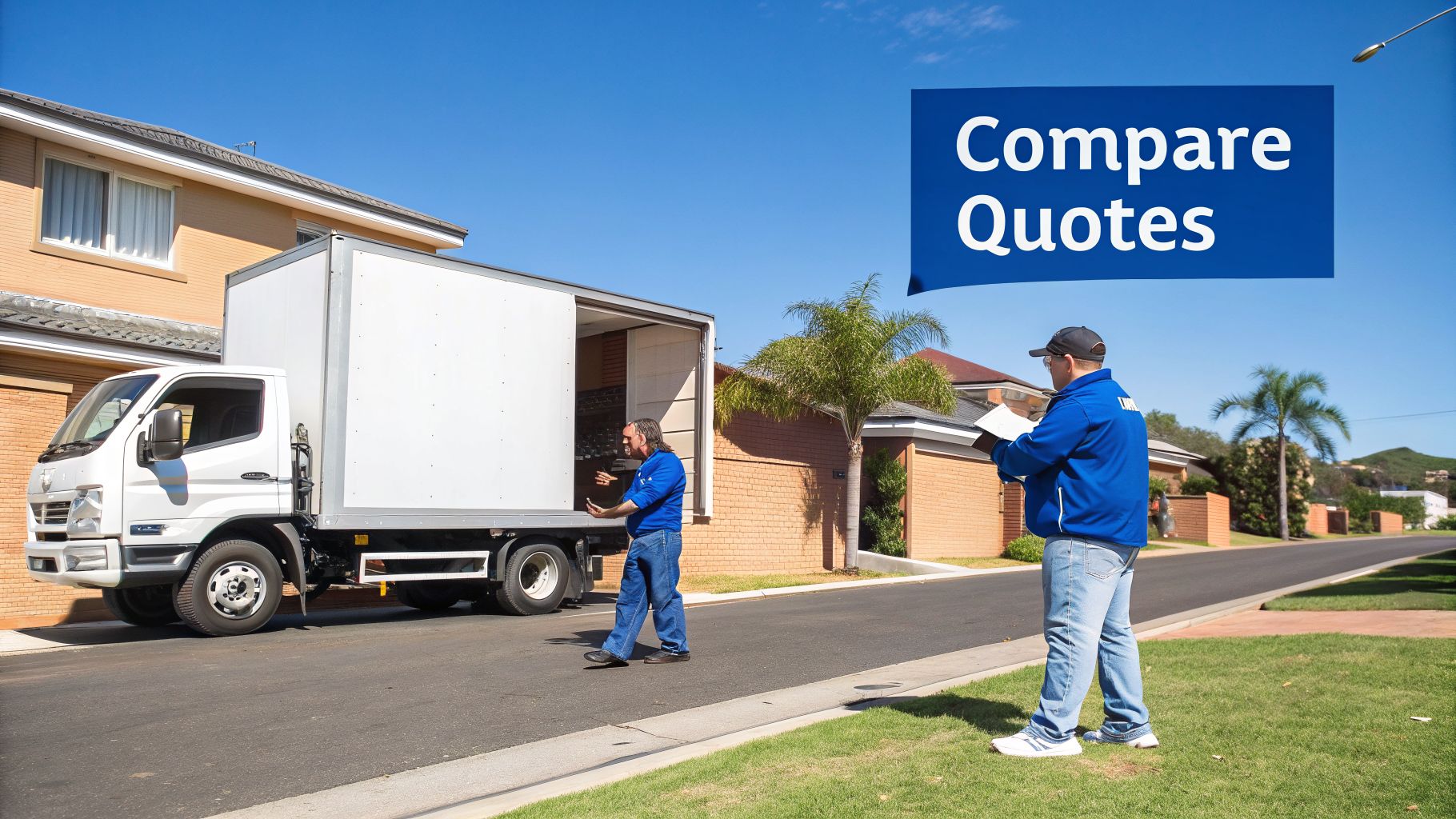 Two men by a moving truck on a residential street, one holding papers, under a 'Compare Quotes' banner.
