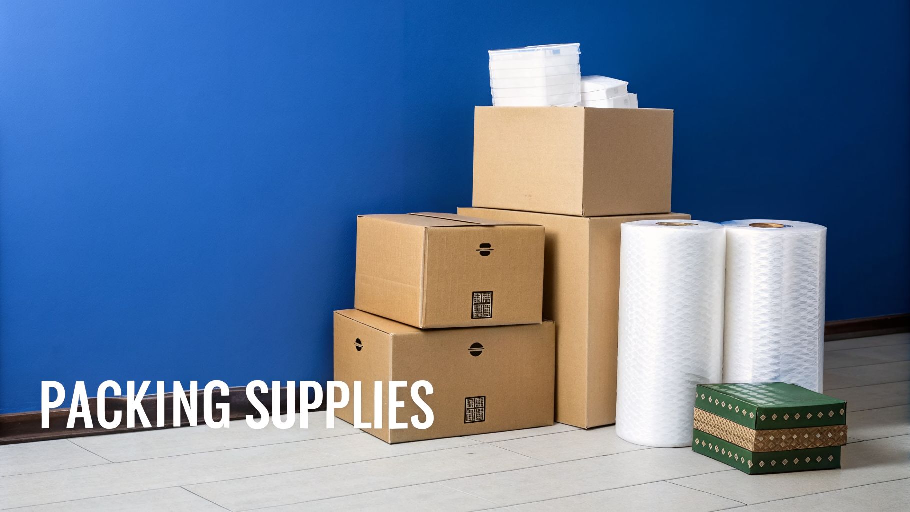 A stack of brown cardboard boxes, rolls of protective packing material, and a green decorative box against a blue wall.