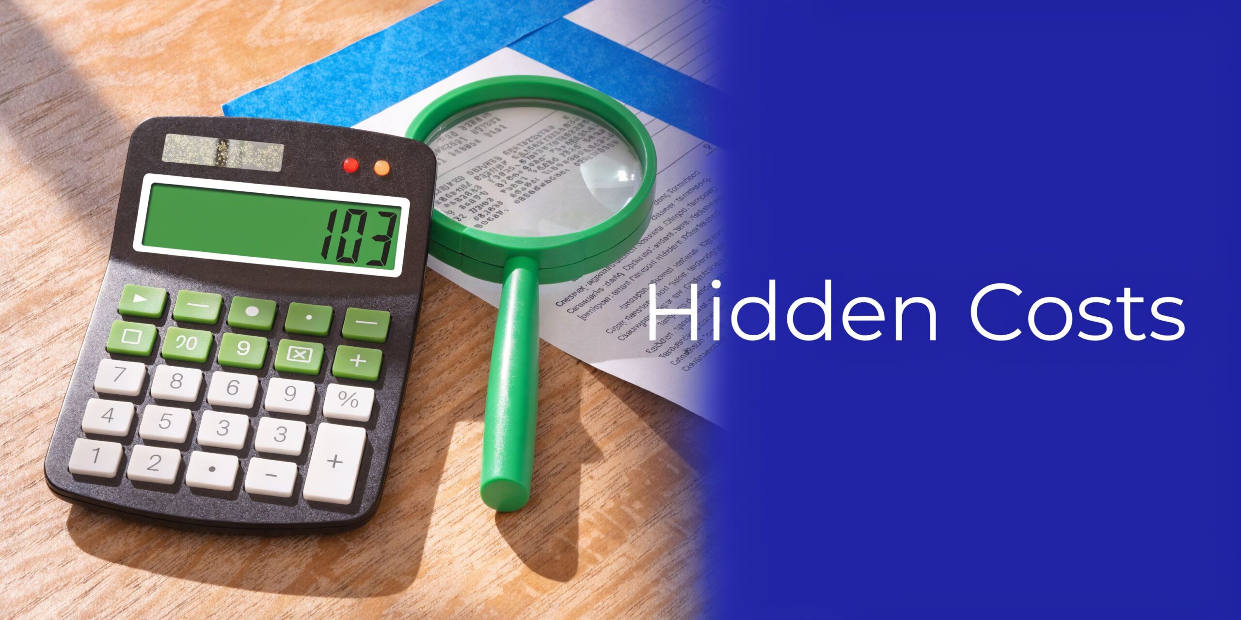A black calculator displaying the number 103 next to a green magnifying glass over financial documents.