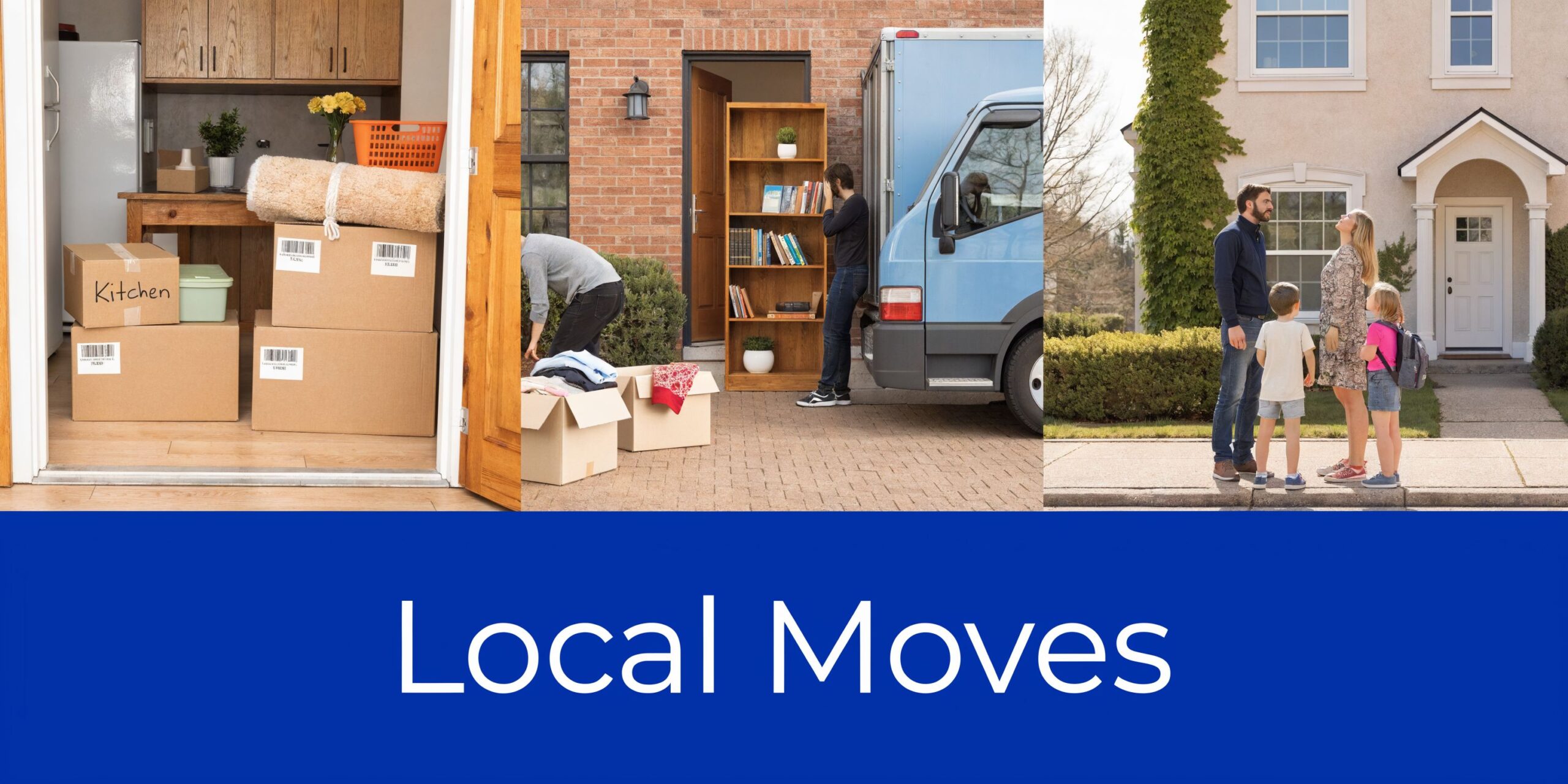A family stands in front of their new home as a moving company unloads their household items.
