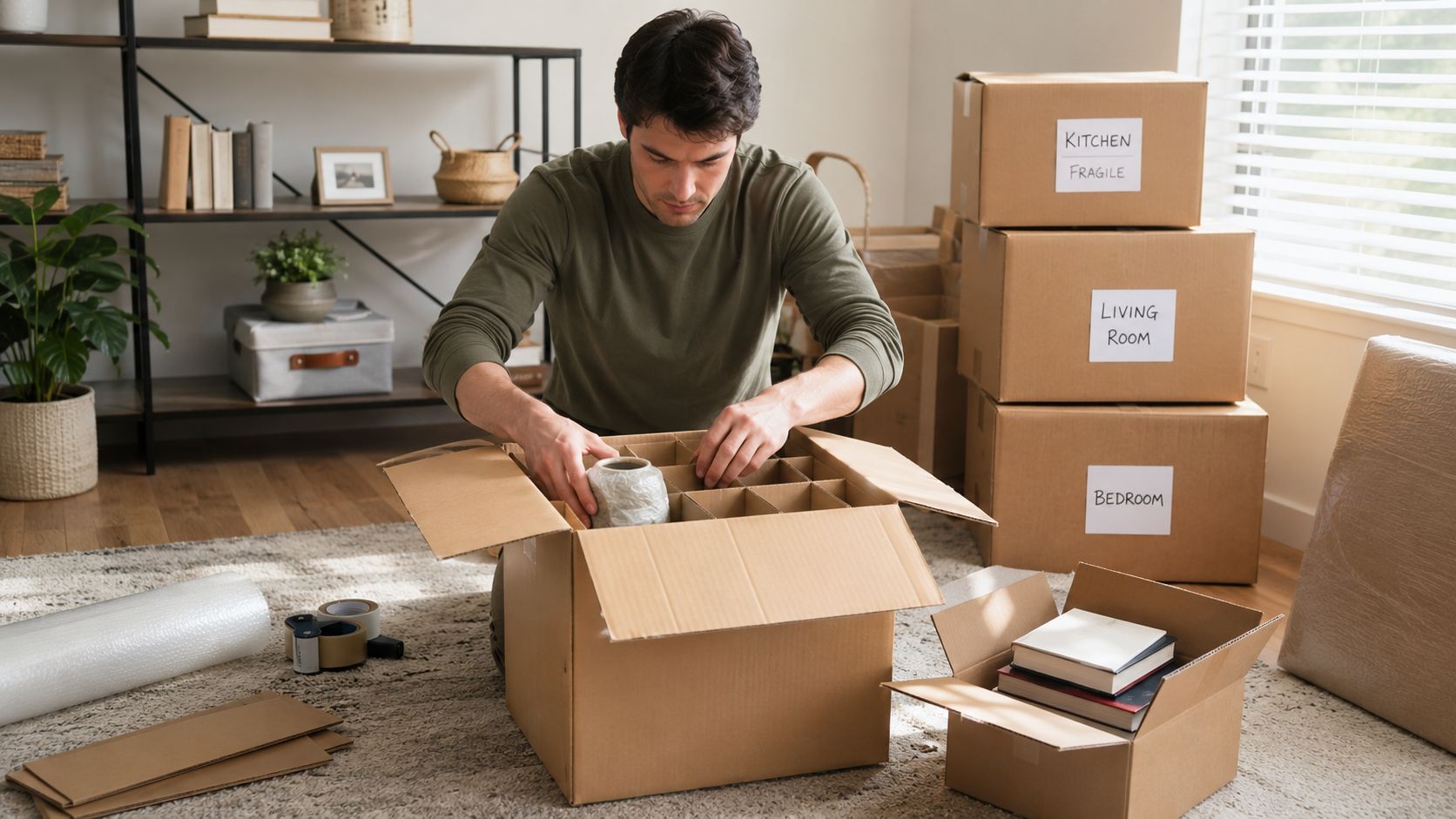 A man in a green shirt packing fragile items into a cardboard box while moving homes.