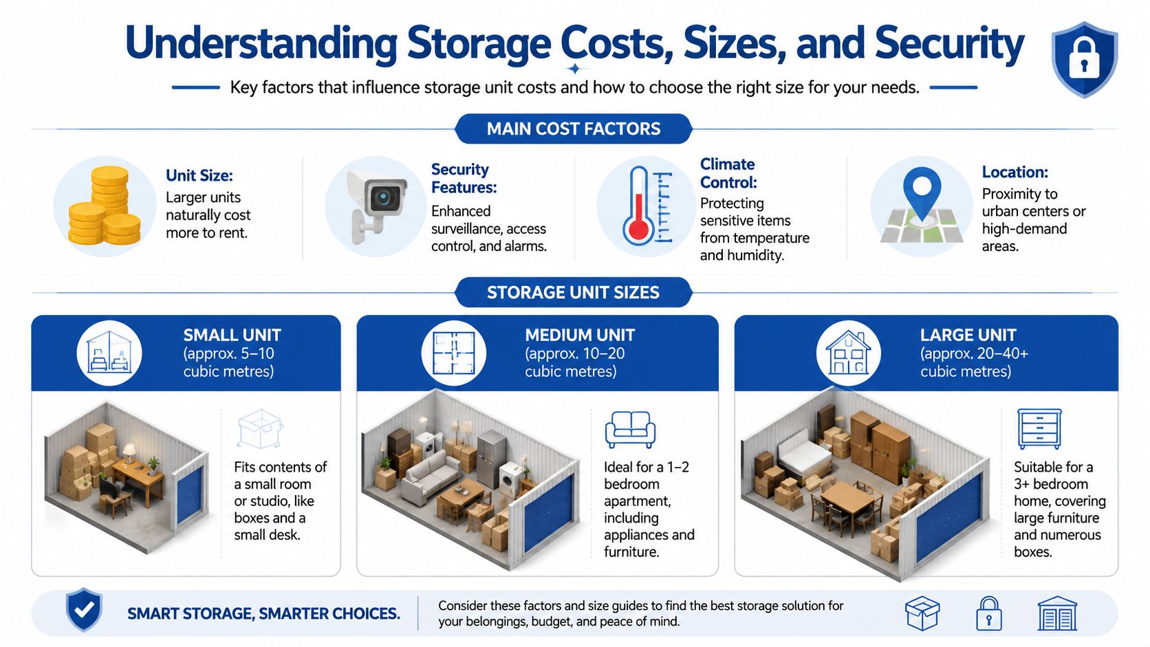 An infographic illustrating factors affecting storage unit costs and guide for choosing small, medium, or large sizes.