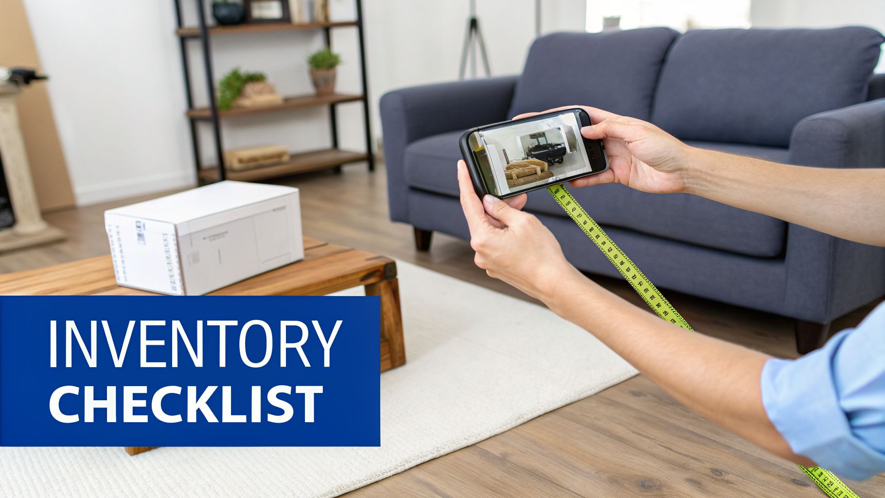 Person uses a smartphone AR app and measuring tape to create a home inventory checklist for moving.