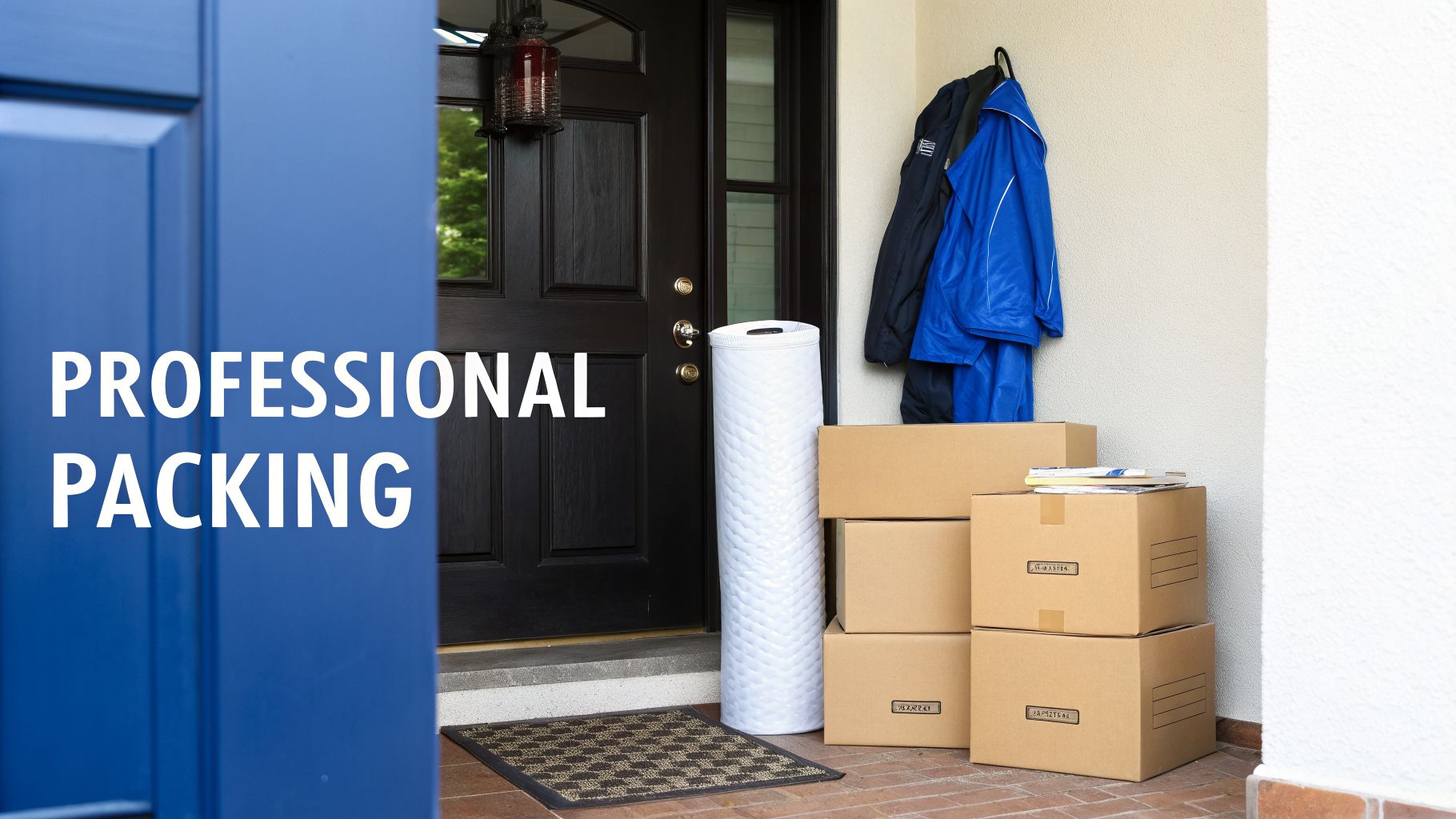 Cardboard moving boxes and a tall white hamper stacked outside a home's front door, with 'PROFESSIONAL PACKING' text.
