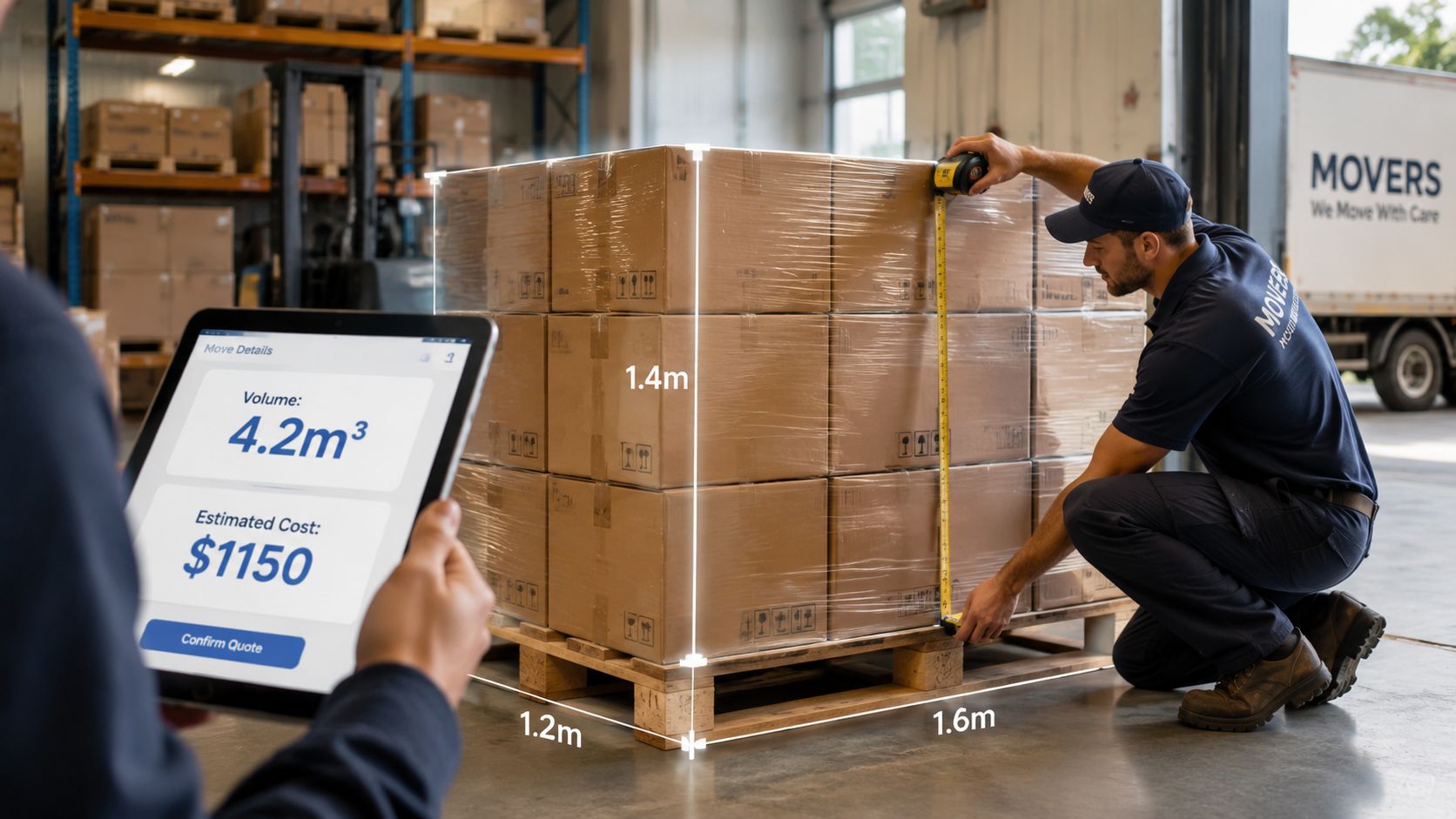 A mover measures a pallet of cardboard boxes while a colleague checks the estimated cost on tablet.