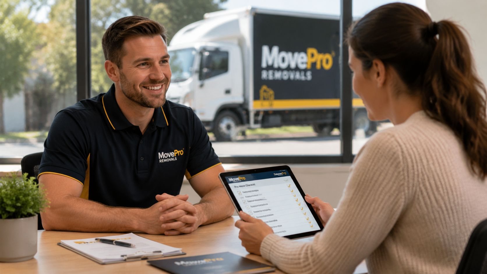 A professional mover and a female client discussing moving plans while reviewing a digital checklist.