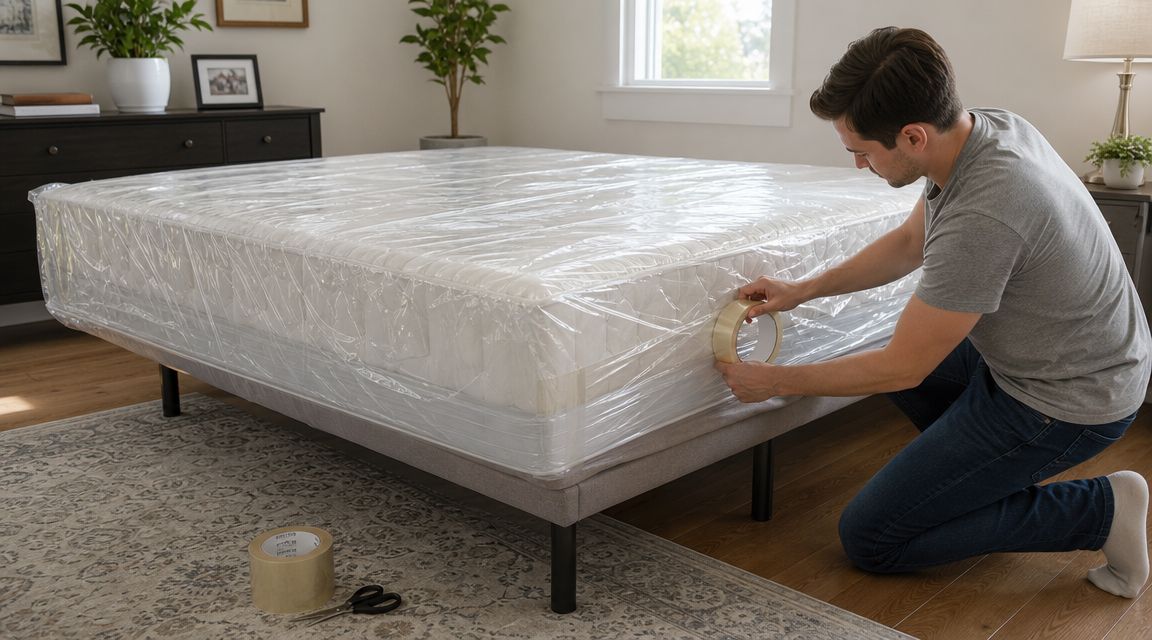 A man kneeling on a rug, securing a plastic-wrapped mattress with a roll of packing tape.
