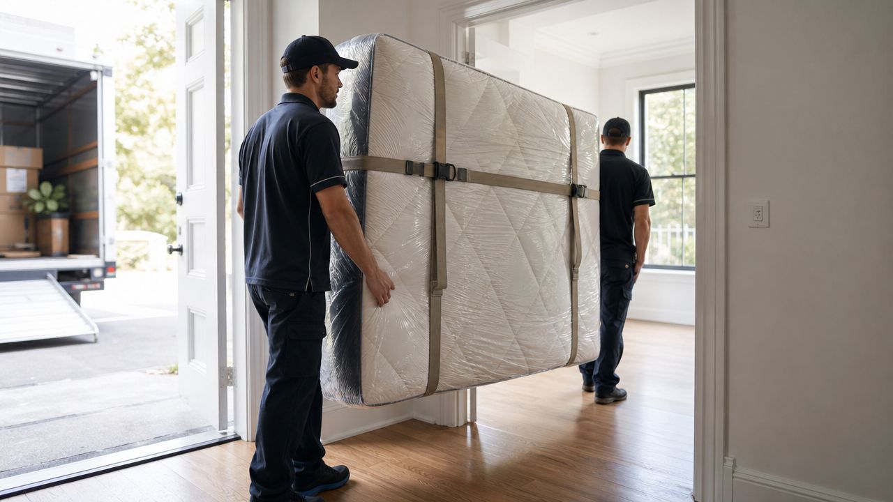Two professional movers in uniform carrying a large, plastic-wrapped mattress into a modern residential home.